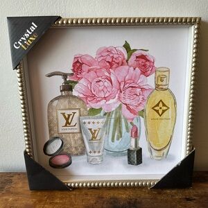 Luxury Designer White with Pink Flowers & Makeup Items in Gold Studded Frame NWT